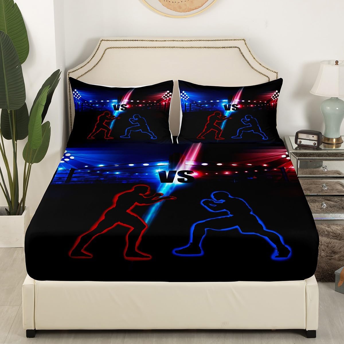 Manfei Musical Kids Fitted Sheet Full Size, MusicalGuitar Radio Drum Kit Headset Print Bedding Set 3pcs for Boys Girls, Rock Music Bed Cover with 2 Pillowcases, Soft Polyester Bedding, No Top Sheet