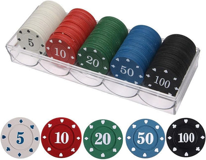 Poker Chips with Denominations, Poker Chips Set with Box or Bag, Plastic Learning Counters Disks and Learning Math Counting Chips,Game Night Party Supplies (Box, 100)