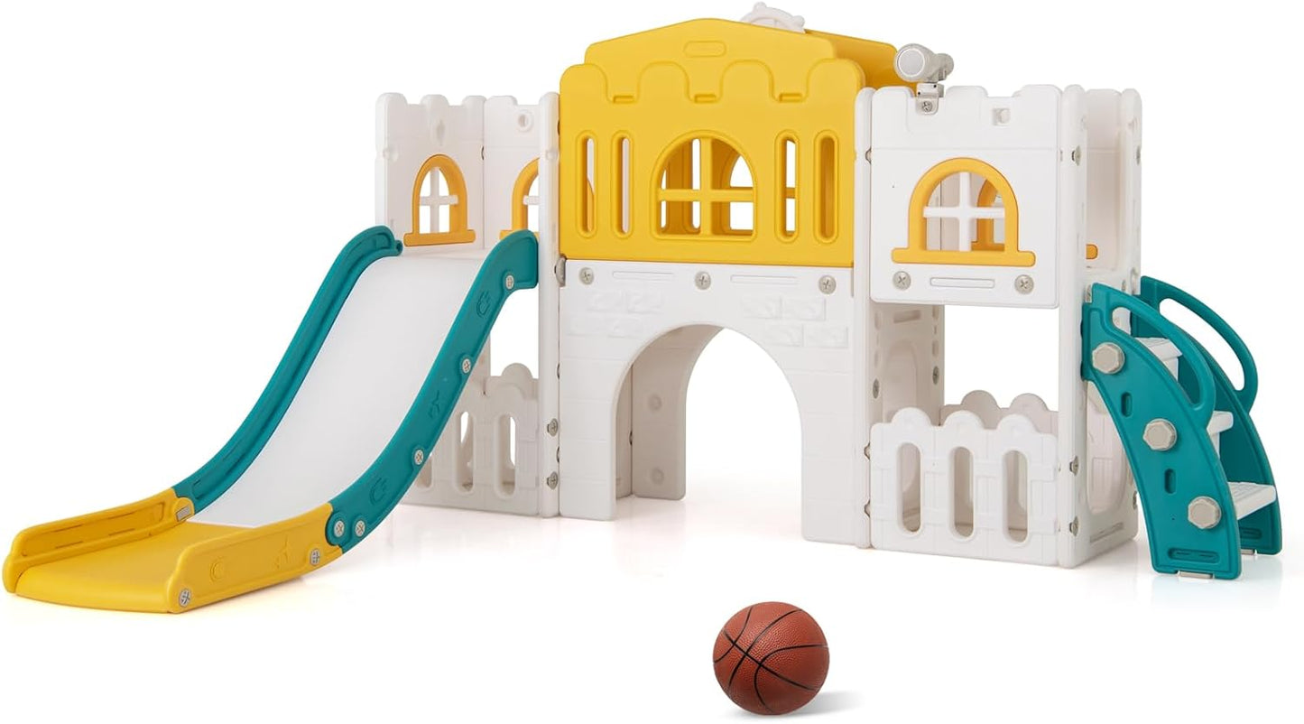 Costzon 8 in 1 Toddle Slide Playset, Freestanding Kids Slide w/Tunnel, Basketball Hoop, Toddler Climber Slide Playset Indoor Playground for Kids 1-3 w/Storage Space, Gifts for Boys Girls (Blue)
