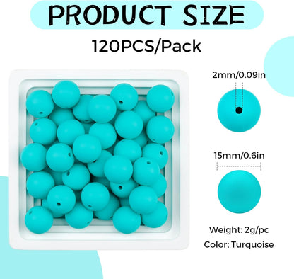 120PCS FIVEIZERO Silicone Beads for Keychain Making, 15mm Glacier Gray Round Silicone Rubber Focal Beads Bulk for DIY Crafts, Bracelets, Necklaces, and Pens