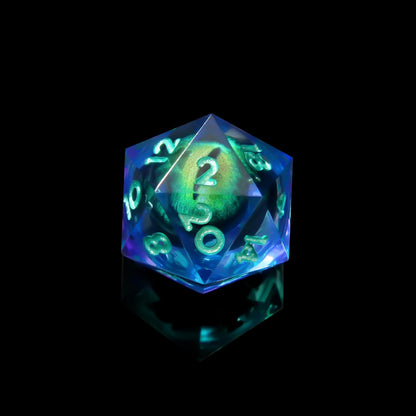 YEMEKO Beholder'S Eye D20 Dice Dragon Eye DND 22MM Single with Resin Sharp Edge 20 Sided D&D Handmade Polyhedral for Dungeons and Dragons, RPG, Roleplaying Games MTG Table Games(Blue Gold)