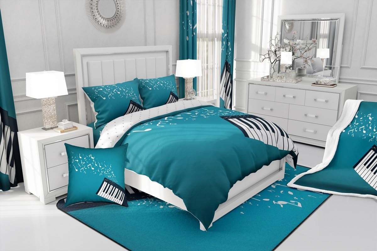 Drum Kit Comforter Cover Abstract Musical Instruments Bedding Set for Kids Boys Teens,Pop Music Duvet Cover Modern Rock Quilt Cover, Teal Laser Light Bedroom Decor Twin Size Blue Green Black