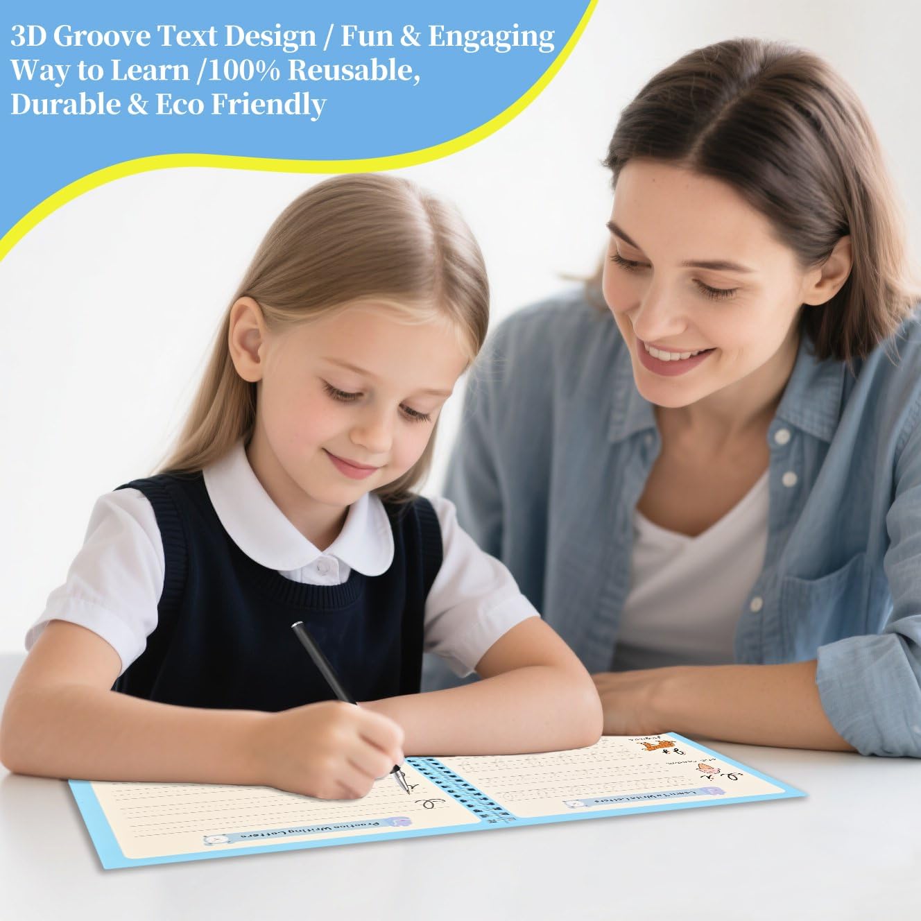 2 Pack Grooved Cursive Handwriting Workbook,Reusable Handwriting Practice Copybooks,Cursive Writing Practice Book for Kids Beginners