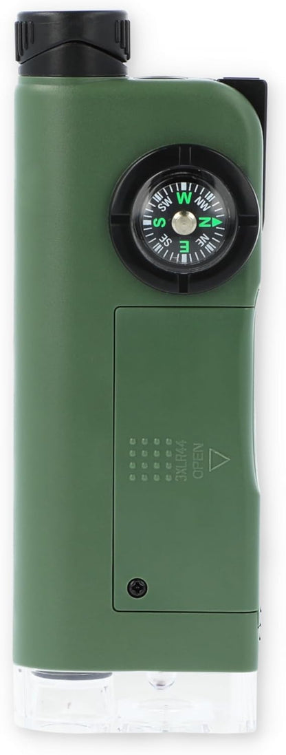Carson X-Scope Kids 7 Function Multi Purpose Optical Pocket Tool with 30x Microscope, 8x Telescope, 9x Fold-Out Magnifier, Flashlight, Signal Whistle, Directional Compass and Digital Clock (CP-11)