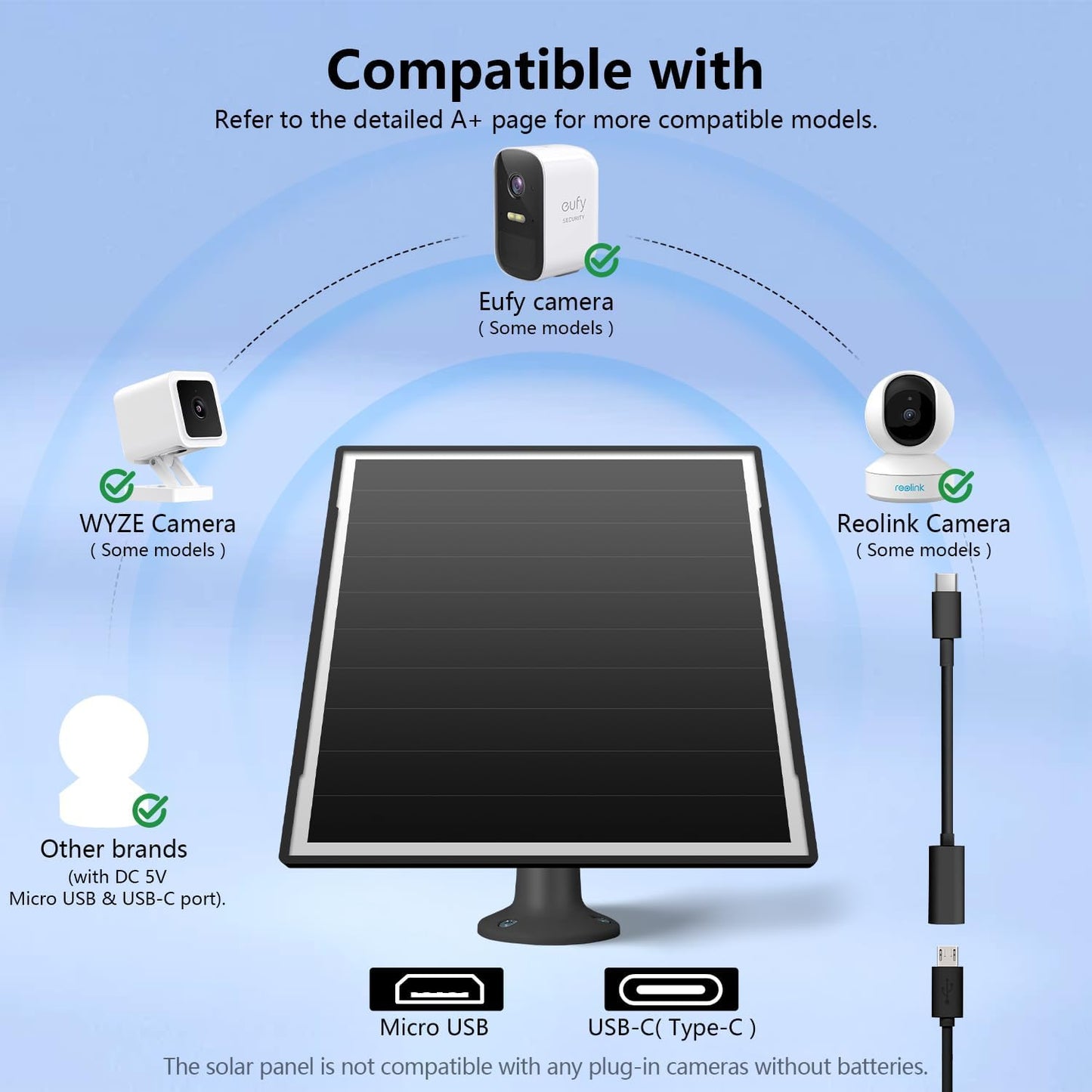 8W Solar Panel for Outdoor Security Camera, 5V Micro USB and USB - C Solar Panel Charger ，Fits Eufy/Wyze/Reolink DC 5V Output, IP65/360° Adjustable, 9.8ft Cable, Fast Charging