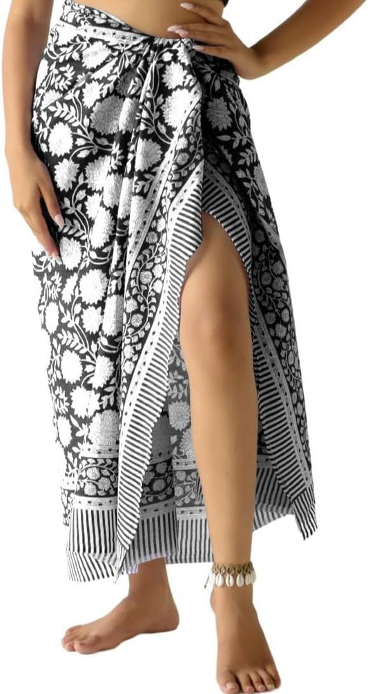 100% Cotton Sarong Cover Up for Women Indian Block Print Beach Wrap Skirt Long Boho Swimsuit Bikini Pareo (73” x 43”)