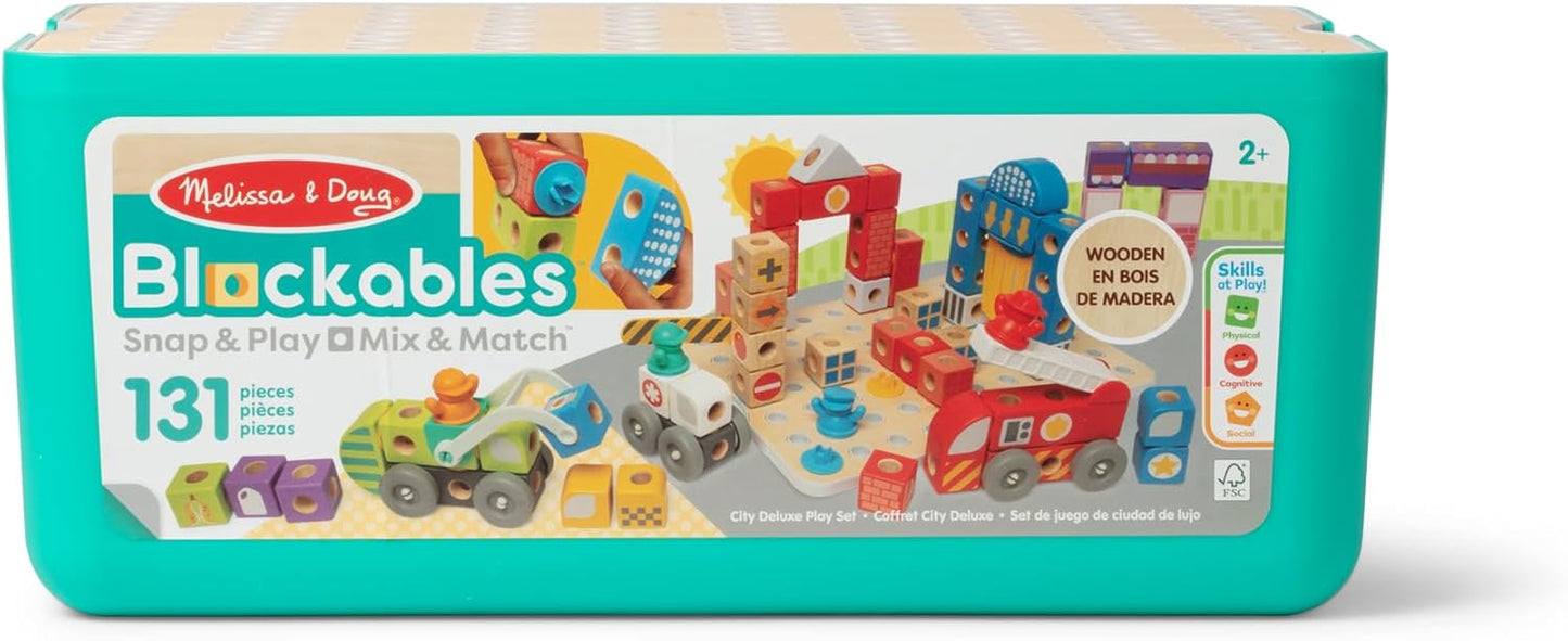Melissa & Doug Blockables™ Deluxe City Snap and Play, Mix and Match Connectable Wooden Building Blocks Set with Storage Bin and Play Lid (122 Pcs) Ages 2 to 7- FSC Certified