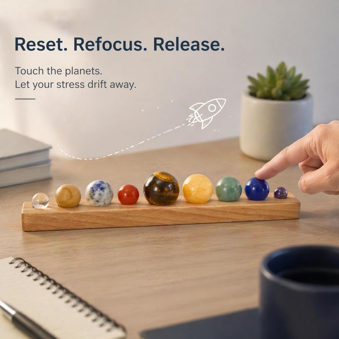 ZENFUN Nine Planets in Solar System with Wooden Stand, Natural Gemstones Sphere Solar System Model Kit, Planet Marbles, Space Themed Bedroom Decor, Best Birthday Science Astronomy Gifts