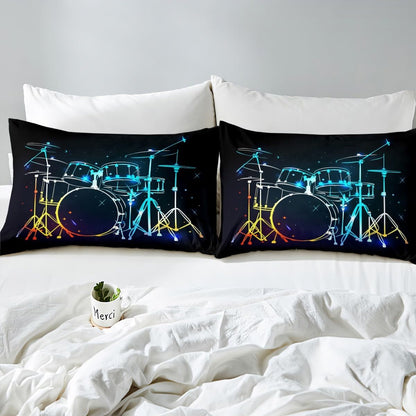 Drum Kit Fitted Sheet,Full Size Rock Music Collections Musical Instruments Theme,Soft Decorative Fabric Bedding Deep Pocket for Children Teens Young Boys Girls,with 2 Pillowcases