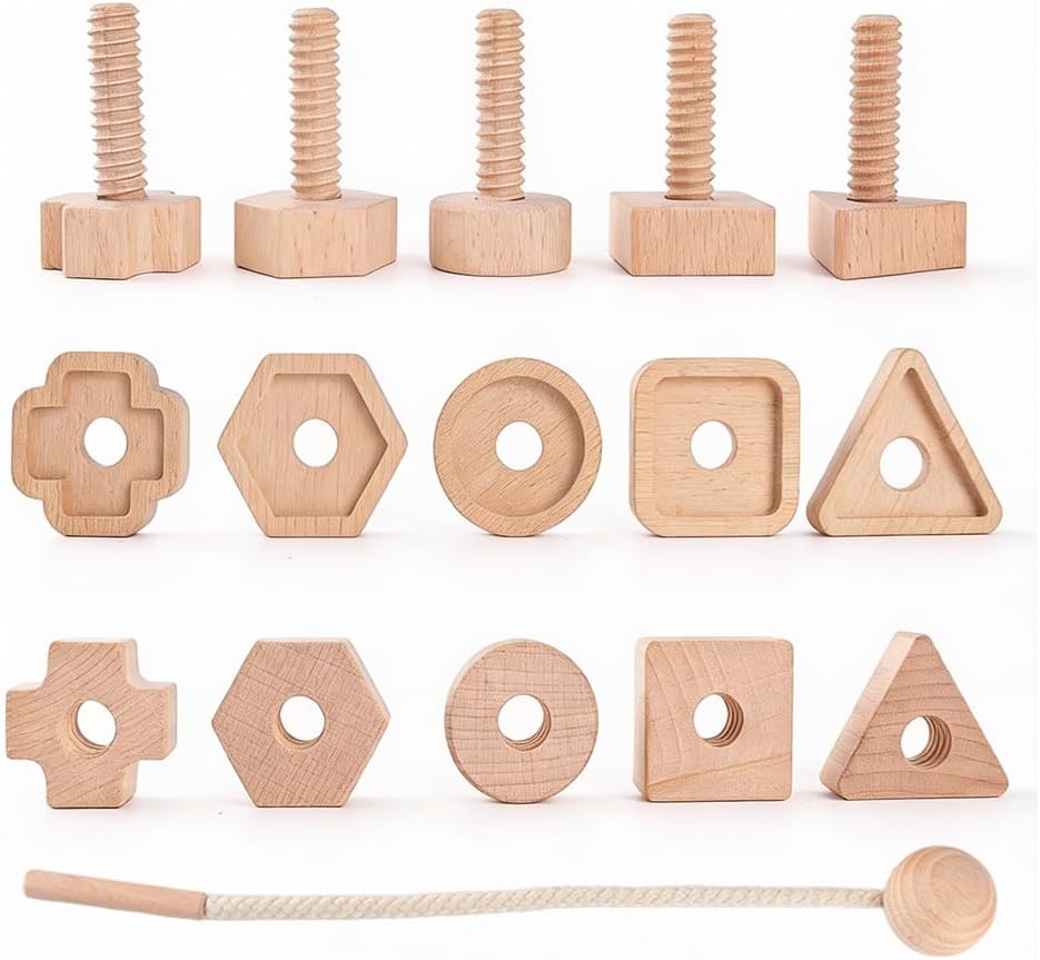 Wooden Screw and Nut Playset for Kids, Montessori Shape Sorting Toy, Lacing Beads for Kids, Preschoolers Activities, Building Construction Screw Matching Toys for Boys Girls Ages 3,4,5