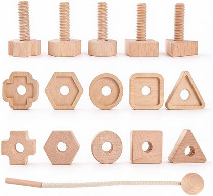 Wooden Screw and Nut Playset for Kids, Montessori Shape Sorting Toy, Lacing Beads for Kids, Preschoolers Activities, Building Construction Screw Matching Toys for Boys Girls Ages 3,4,5