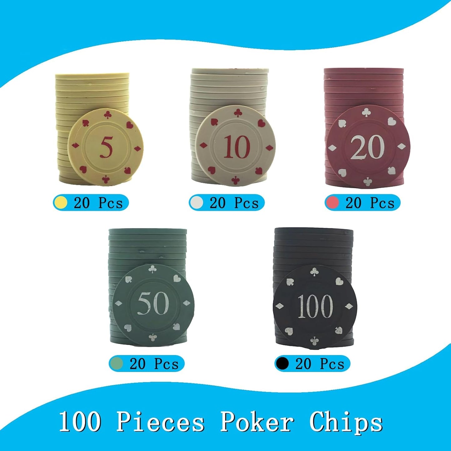 100 Pcs Colorful Poker Chips, Denomination Chips Set with Storage Box, Plastic Counters Disks and Learning Math Counting Chips for Card Blackjack Games Homes Parties Texas Hold Poker