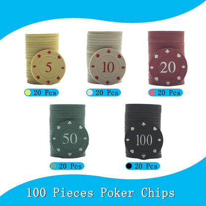 100 Pcs Colorful Poker Chips, Denomination Chips Set with Storage Box, Plastic Counters Disks and Learning Math Counting Chips for Card Blackjack Games Homes Parties Texas Hold Poker