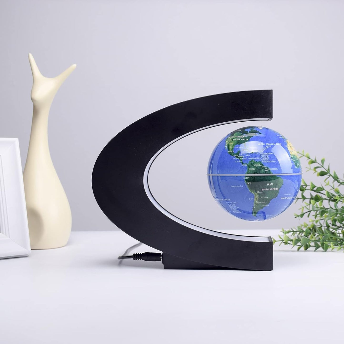 Magnetic Levitation Floating Rotating World Globe with LED Light - C Shape Anti Gravity Levitating Globe for Desk Office Decor, STEM Educational Map, Unique Tech Gift for Men Kids Boss, 3.5 Inches