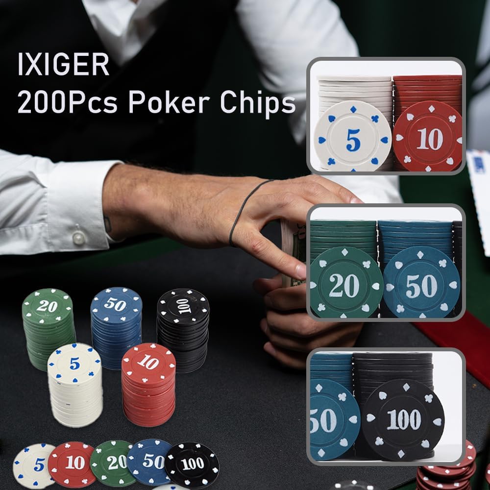 IXIGER 300Pcs Poker Chips, Plastic Casino Chips Set with Black Velvet Pouch Bag, Bulk Clay Fichas de Poker for Blackjack, Math Counting Chips, Texas Hold'em, Night Poker Games
