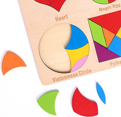 Wooden Blocks Puzzle Brain Teasers Toy 6 IN1Geometric Wooden Tangram Puzzle Game Geometry Jigsaw 3D Logic IQ Games STEM Montessori Educational Gift for Kids Adults