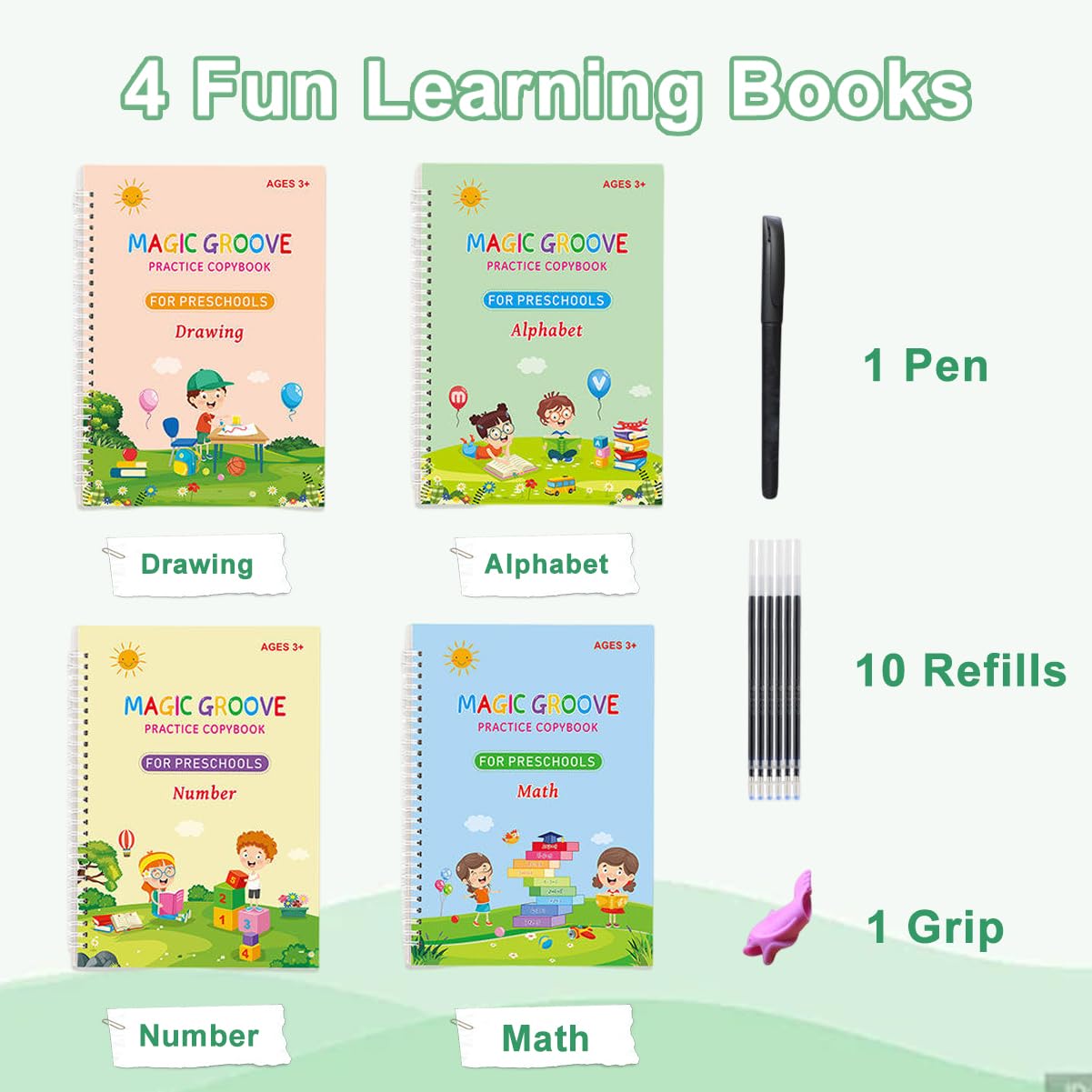 4 Pcs Reusable Grooved Handwriting Practice Books, Magic Practice Copybook with Disappearing Ink Pens Pencil Grips, Handwriting Workbook Letter Tracing Books for Kindergarten Preschool Kids Age 3-8