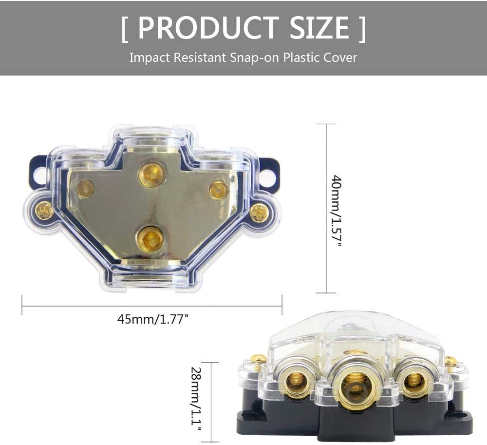 3 Way Power Distribution Block, 0/2/4 AWG Gauge in, 4/8/10 Gauge Out, Car Audio Stereo Amp Distribution Connecting Block for Audio Splitter (1x0GA+3x4GA) 2 Pack