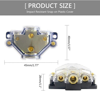 3 Way Power Distribution Block, 0/2/4 AWG Gauge in, 4/8/10 Gauge Out, Car Audio Stereo Amp Distribution Connecting Block for Audio Splitter (1x0GA+3x4GA) 2 Pack