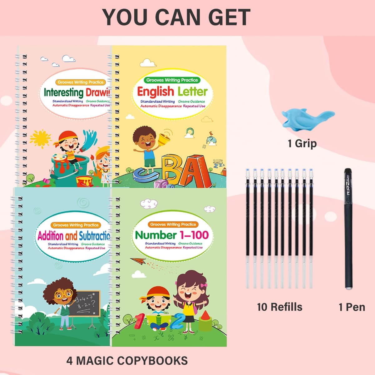 4 Pcs Reusable Grooved Handwriting Practice Books, Magic Practice Copybook with Disappearing Ink Pens Pencil Grips, Handwriting Workbook Letter Tracing Books for Kindergarten Preschool Kids Age 3-8