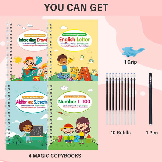 4 Pcs Reusable Grooved Handwriting Practice Books, Magic Practice Copybook with Disappearing Ink Pens Pencil Grips, Handwriting Workbook Letter Tracing Books for Kindergarten Preschool Kids Age 3-8
