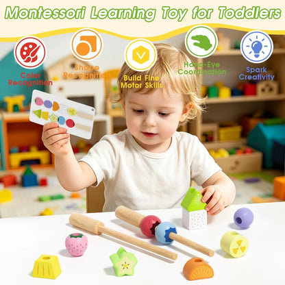 Montessori Lacing Beads Toy for Toddlers 2 3 4, Wooden Fruit Lacing Beads with 20 Double-Sided Pattern Cards, Stacking & Lacing Fine Motor Skills, Sensory Educational Birthday Gift for Boys & Girls