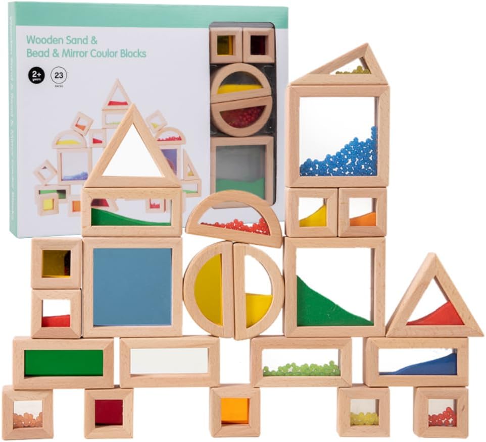 Rainbow Sensory Stacking Toys, Stem Education Building Block Set, 23 Wooden Beads, Fine Sand Sound Building Blocks, Toddlers, Infants, Children, Colorful Geometric Stacking Toys