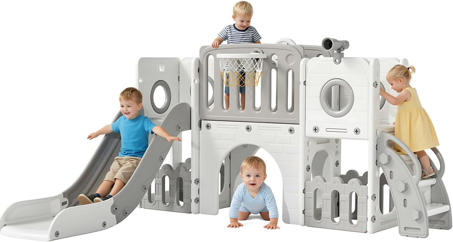 Arlopu 9 in 1 Toddler Slide Set, Kids Large Climber Slide Playset w/Long Slope, Telescope, Storage Space, Enclosed Steps, Indoor Outdoor Playground (White & Gray)