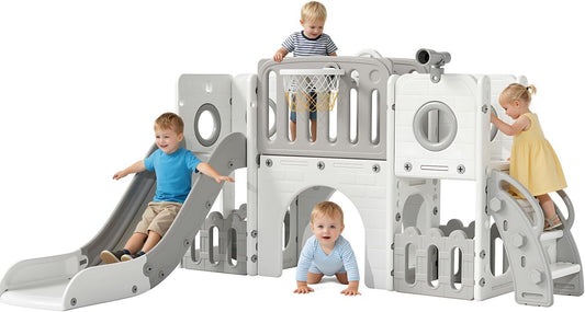 Arlopu 9 in 1 Toddler Slide Set, Kids Large Climber Slide Playset w/Long Slope, Telescope, Storage Space, Enclosed Steps, Indoor Outdoor Playground (White & Gray)