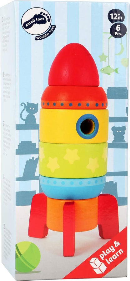 Small Foot Wooden Toys Colorful Rocket Shaped Stacking Toys, Six Plug-in Parts Promote The Fine Motor Skills Designed for Children 12+ Months