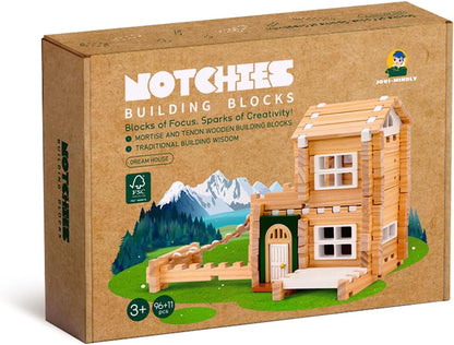 Jovi-mindly＆Notchies 96 PCS Wooden Blocks Wooden Toys with Storage Bag, Preschool Learning Toys Wood Blocks Building for Kids Ages 4-8 Creative Construction Game,FSC Certified,Birthday Toys Gifts