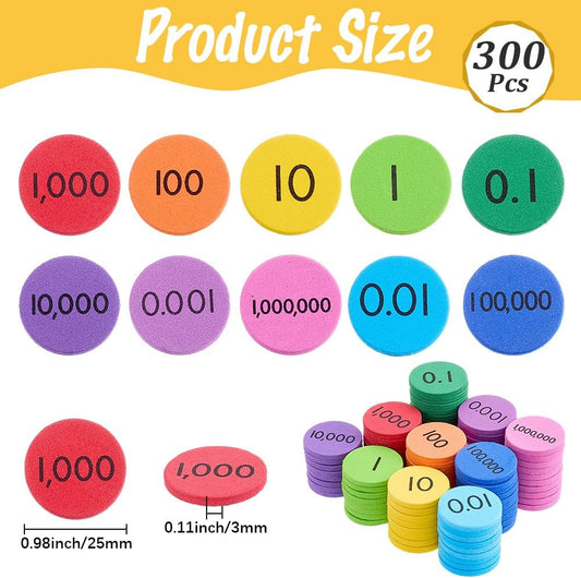 CRASPIRE 300Pcs Place Value Disks Foam EVA Decimals to Whole Numbers Counting Chips 1 Inch Mini Round Flat Color-Coded Manipulatives Math Learning Counters Discs for Elementary School Math Supplies