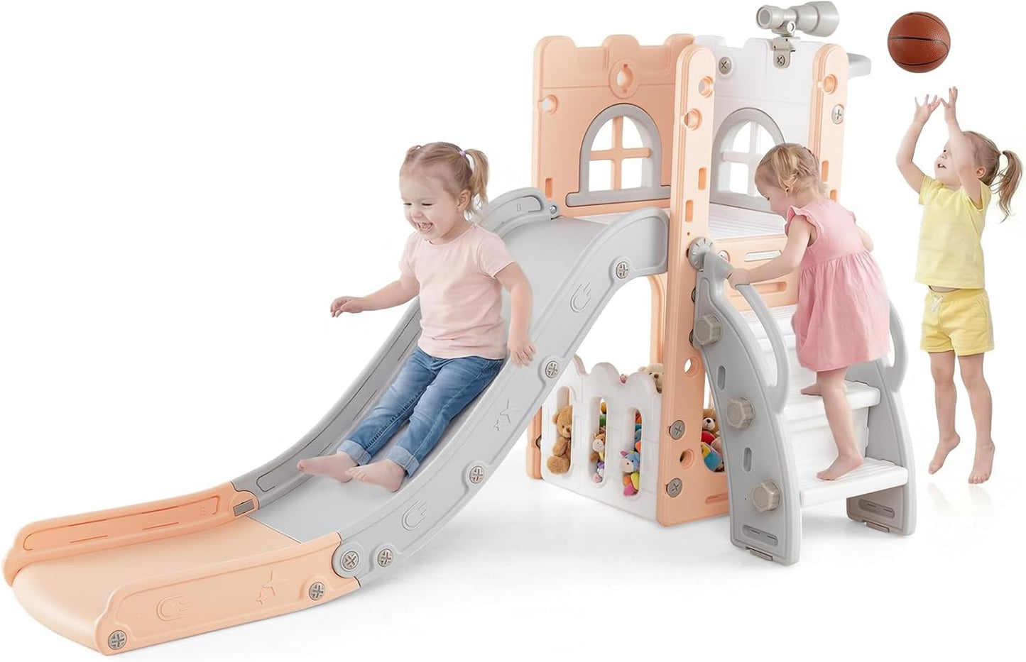 OLAKIDS Toddler Slide and Swing Set, 7 in 1 Kids Indoor Outdoor Playground with Climber Basketball Hoop Telescope Toy Storage for Boys Girls Aged 1+ (Grey)