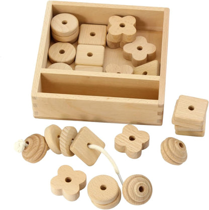Kiddison Lacing Bead 27 Large Wooden Beads 1 Lace for Toddlers 2-4 – Large Wooden Threading & Stringing Toy with Tray – Fine Motor Skills Activity for Preschool & Occupational Therapy