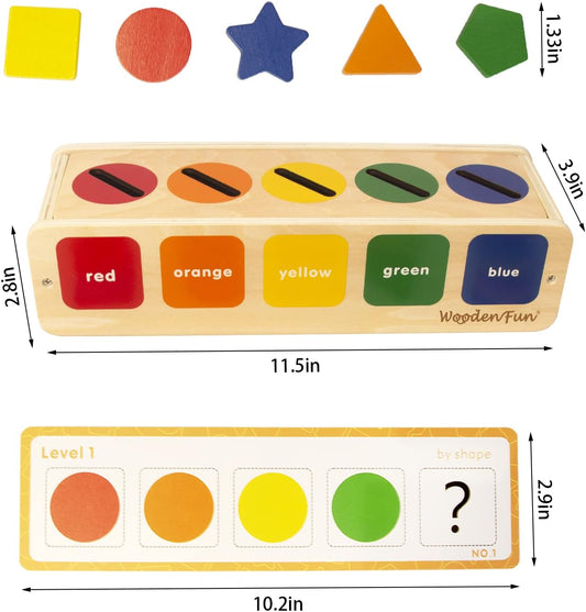 WOODENFUN Color Shape Sorting Toy for Toddler, Wooden Montessori Shape Sorter Color Matching Box Game, Learning Sensory Toys Gift for Boy Girl 3 Year Old
