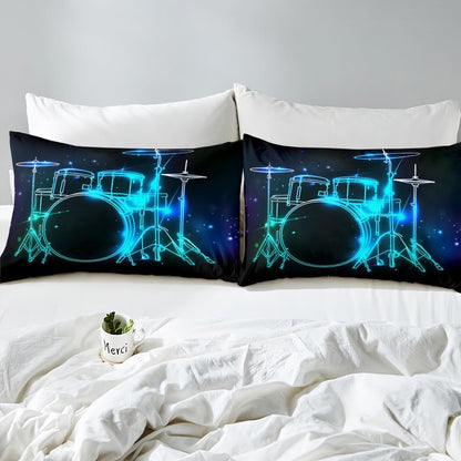 Drum Kit Comforter Cover Abstract Musical Instruments Bedding Set for Kids Boys Teens,Pop Music Duvet Cover Modern Rock Quilt Cover, Teal Laser Light Bedroom Decor Twin Size Blue Green Black