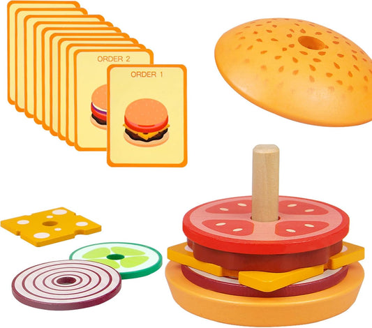 Montessori Toys for 2, 3 Year Old, Wooden Burger Sandwich Stacking Toys for Toddler Educational Toys Fine Motor Skills Foods Preschool Learning Blocks Gifts Boys Girls