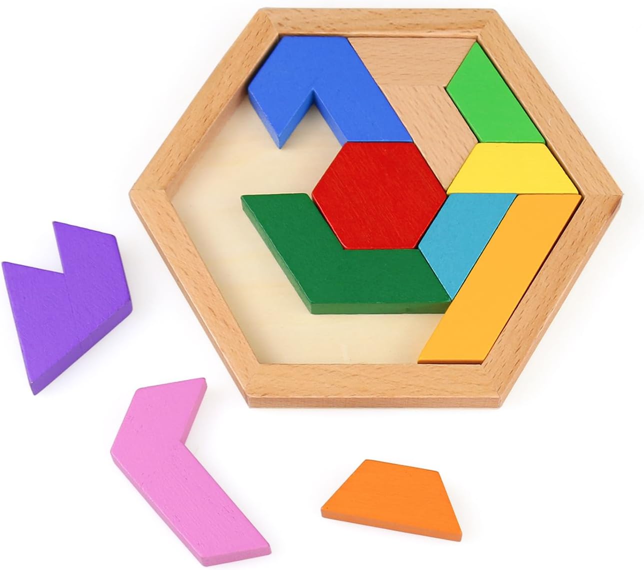 KINGOU Wooden Hexagon Tangram Puzzle Shape Pattern Blocks Brain Teaser Puzzles Challenging Geometry Logic Mind Games Educational Gift for Kids & Adults