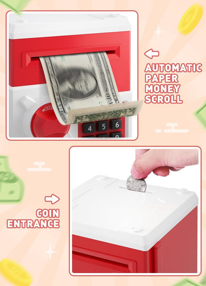 Playsheek Piggy Bank for Girls Boys Large Electronic Money Coin Banks with Password Protection, Automatic Paper Money Scroll Saving Box, Great Gift for Kids(Black-White)