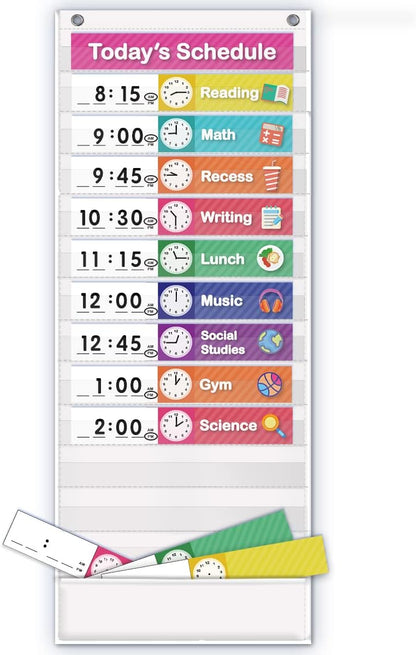 Eamay Daily Schedule Pocket Charts, Teaching Chart, Hoom, Eamay Daily Scheduling Pocket Chart with 13+1 Pockets, 18pcs Dry Erase Cards and 2 Hooks (Black-2)