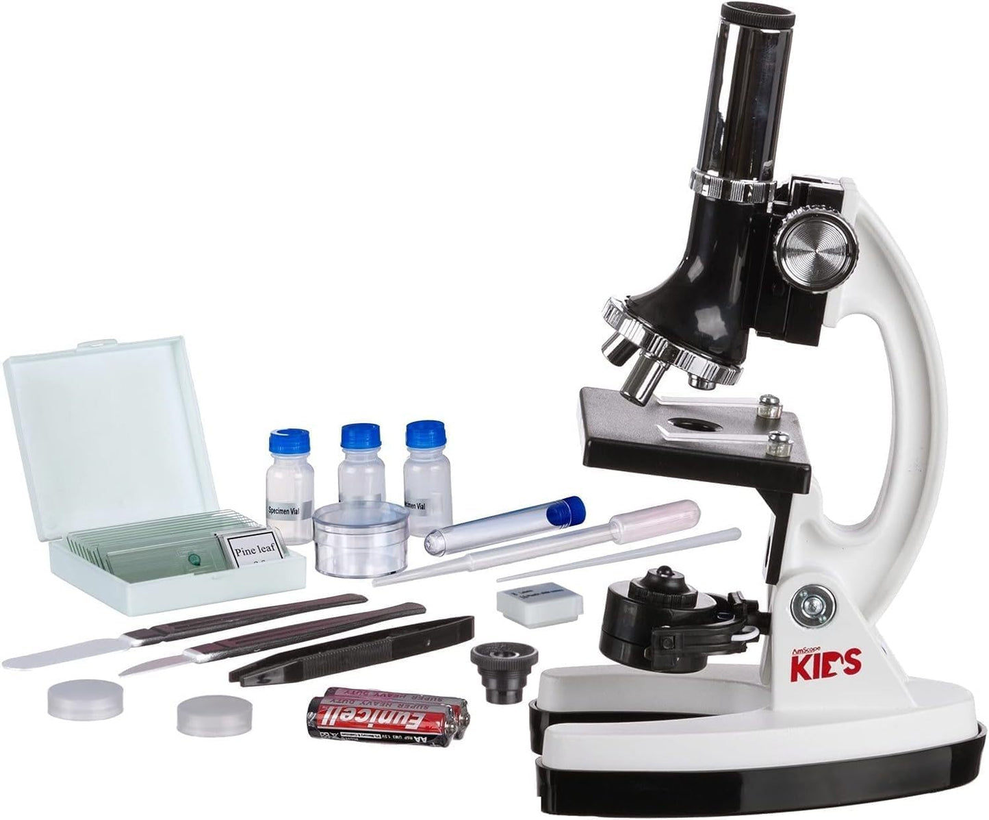 AMSCOPE-Kids 120X-1200X White Metal Arm Starter Kids Student Microscope Kit and Compact Refractor Telescope with Tripod - M30-ABS-KT2-W-TKVB1