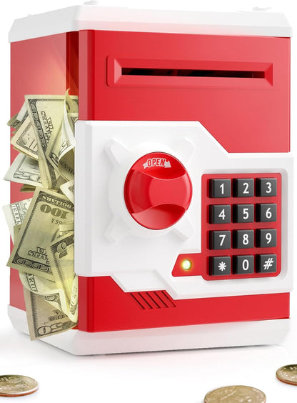 Playsheek Piggy Bank for Girls Boys Large Electronic Money Coin Banks with Password Protection, Automatic Paper Money Scroll Saving Box, Great Gift for Kids(Black-White)