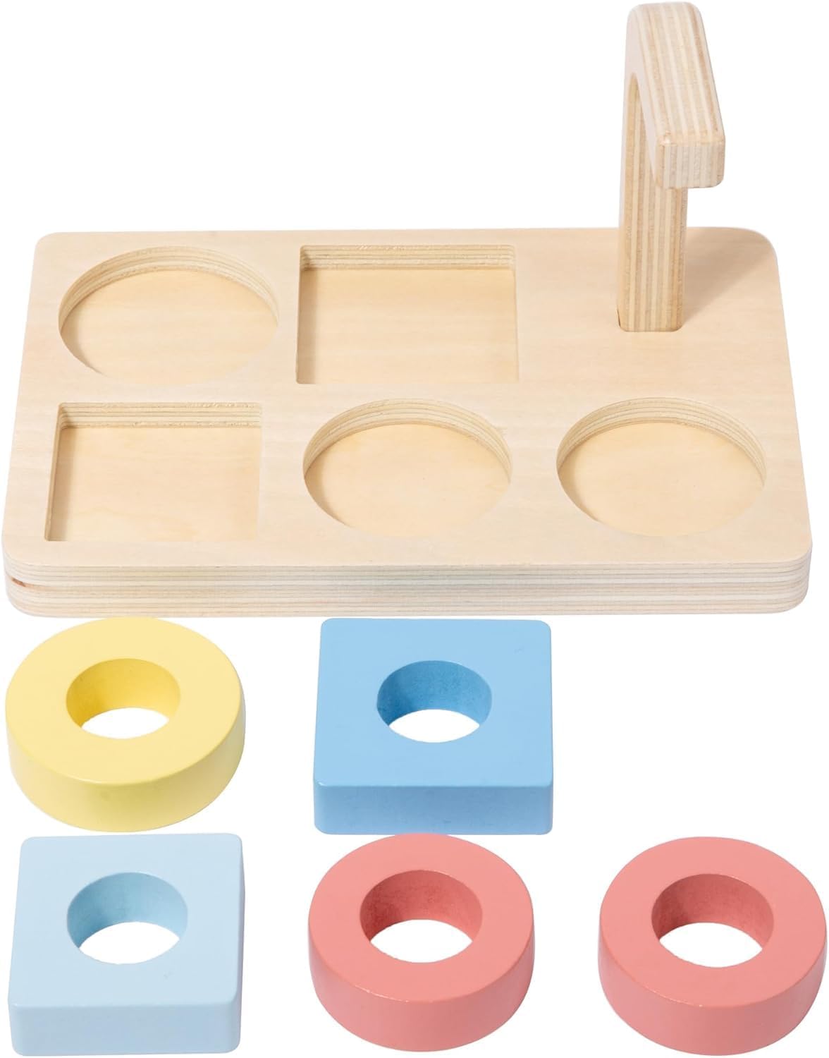Adena Montessori Wooden Stacking and Sorting Ring,Wooden Rings on Peg,Colorful 5 Shapes on Curved Peg Horizontal Dowel Variation,Fine Motor Skills Development Toys for 1 2 3 Years Old Toddlers