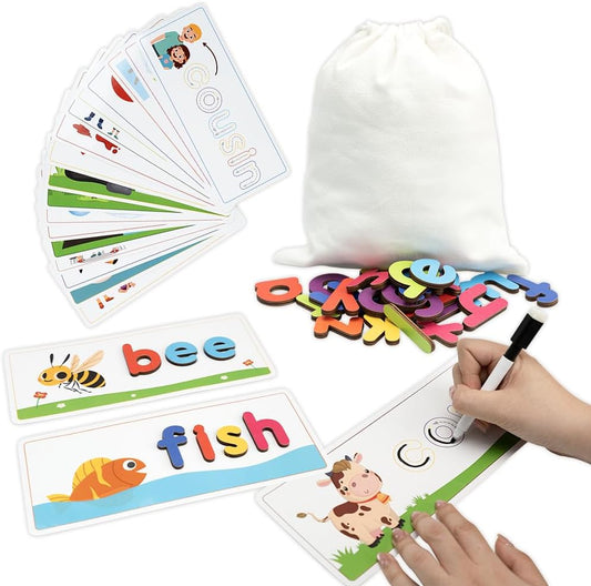 CVC Flashcards, Reusable Write & Match Spelling Game for Kids 3-6, Laminated Alphabet Cards with Wooden Letters & Dry Erase Marker, Montessori Learning Toy