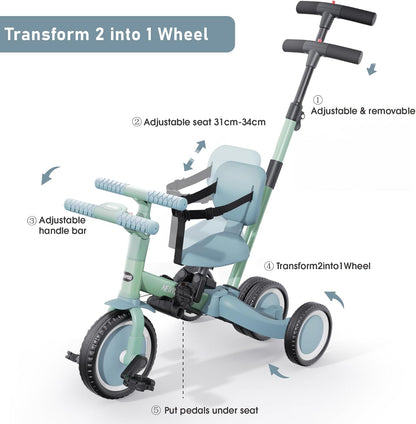 newyoo Toddler Tricycle with Push Handle for 1-3 Year Old, Toddler Bike, Birthday Gift and Toy for Boys and Girls, 5 in 1 Kids Trike, Balance Bike with Backrest and Safety Belt, Khaki, TR007