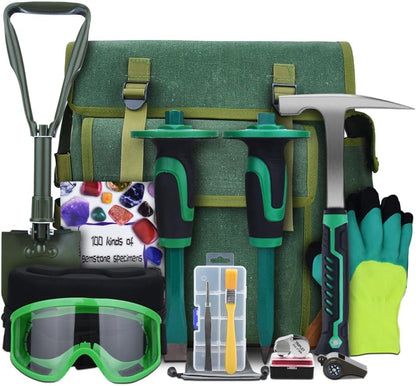 16-Piece Geological Rock Hammer Kit, Portable 32-ounce Hammer and Chisel Backpack Set, Suitable for Rock Hunting, Gold Mining,Ideal Choice for Beginners and Enthusiasts
