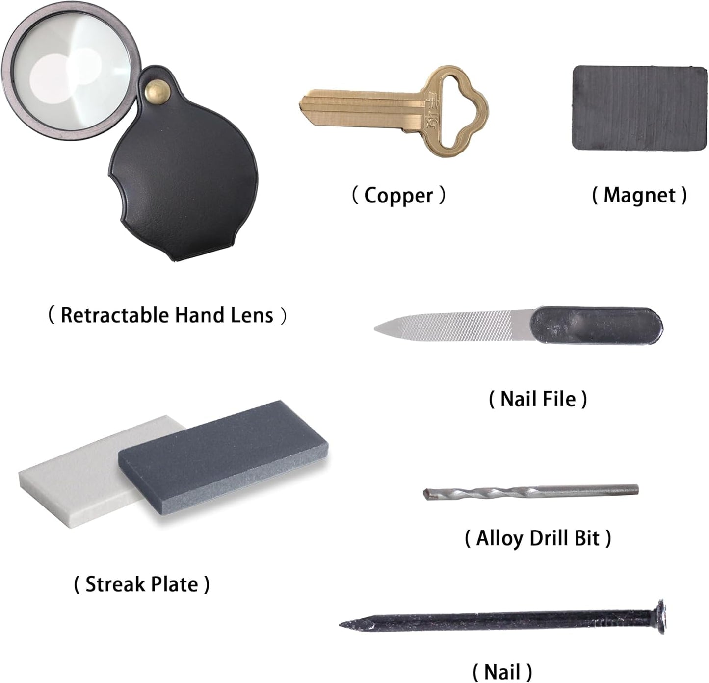 Mineral ID Kit - 7 Pieces - Includes Streak Plate, Magnet, Nail, Copper, Retractable Hand Lens, Nail File, Alloy Drill Bit for Geology Classrooms & Field Analysis