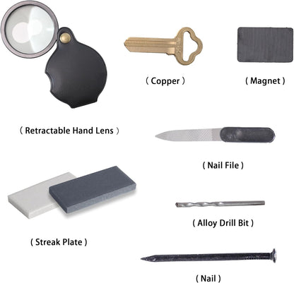 Mineral ID Kit - 7 Pieces - Includes Streak Plate, Magnet, Nail, Copper, Retractable Hand Lens, Nail File, Alloy Drill Bit for Geology Classrooms & Field Analysis