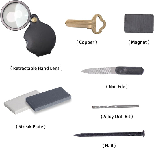 Mineral ID Kit - 7 Pieces - Includes Streak Plate, Magnet, Nail, Copper, Retractable Hand Lens, Nail File, Alloy Drill Bit for Geology Classrooms & Field Analysis