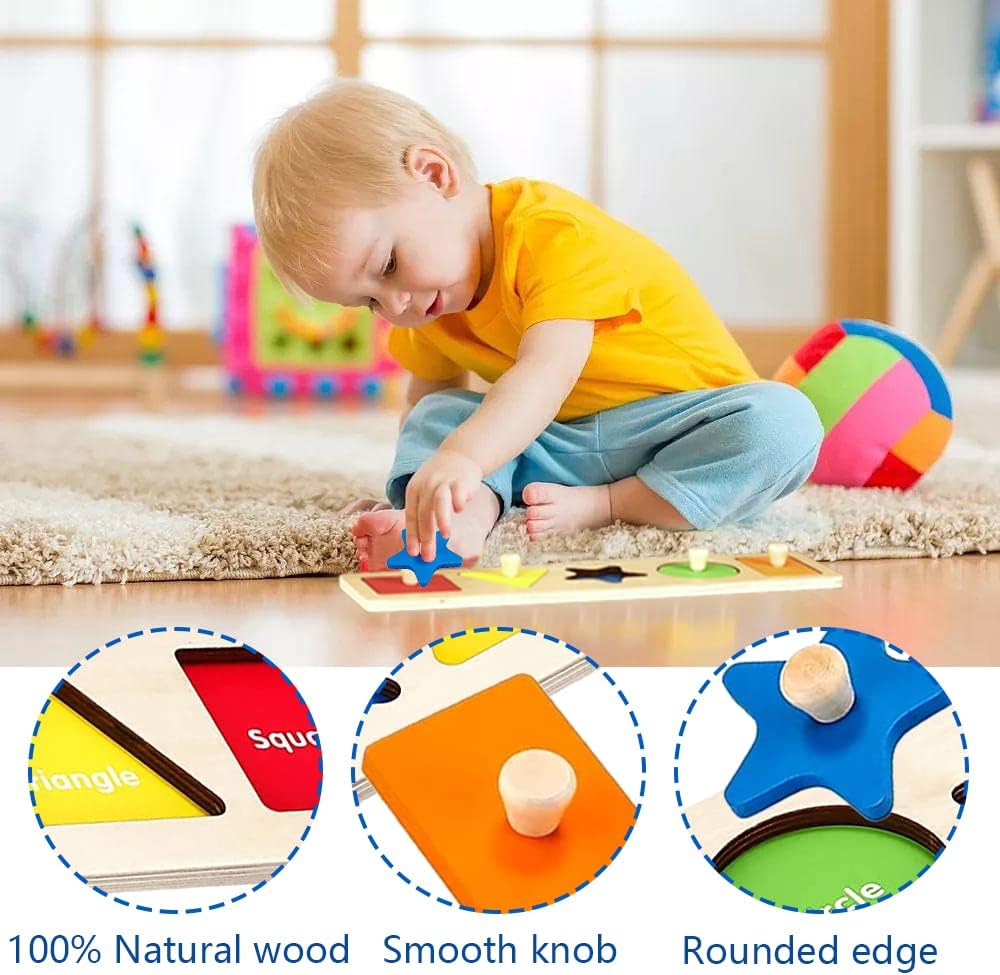 Montessori Toy Wooden Shape Peg Puzzles Montessori Baby Puzzle Geometric Shape Puzzle with Board Knob Preschool Wooden Puzzles for Toddlers 1-3 Year Old